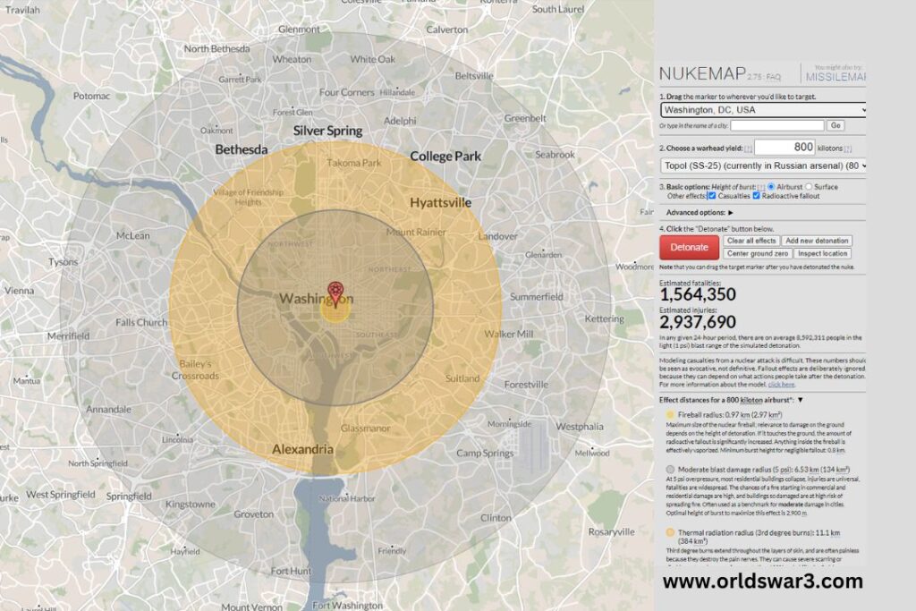 The nuclear damage in Washington, DC, could kill 484,780 million people and hurt 839,440. © Nuke Map